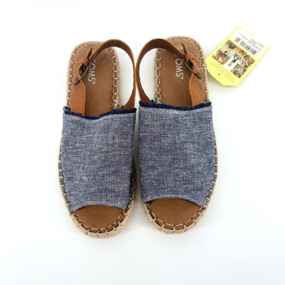TOMS Clara Espadrille Sandals Navy Slub Chambray 8.5 Blue Women Slingback New